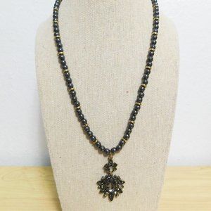 Handmade Slate Colored Beaded Necklace with Rhinestone Pendant - 22"
